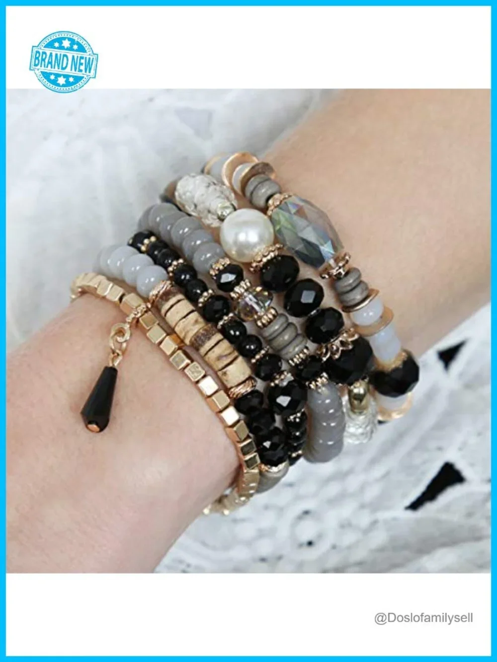 Stackable Beaded Stretch Bracelets - Crystal Mix Tassel Charm Multi Layer